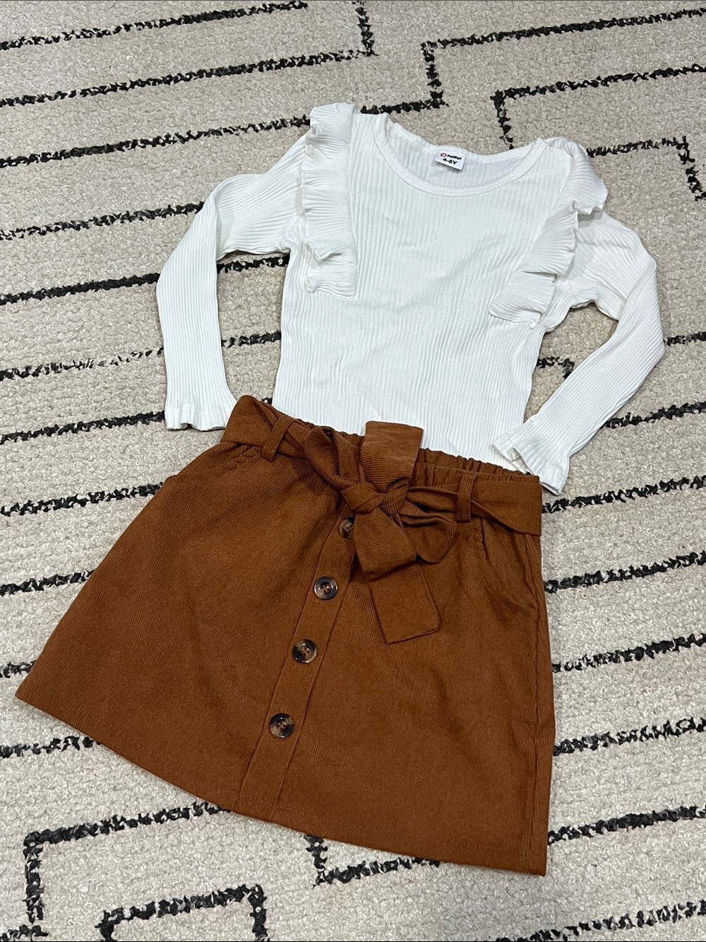 PatPat White Ruffle Long-Sleeve Top with Brown Button-Front Mini Skirt